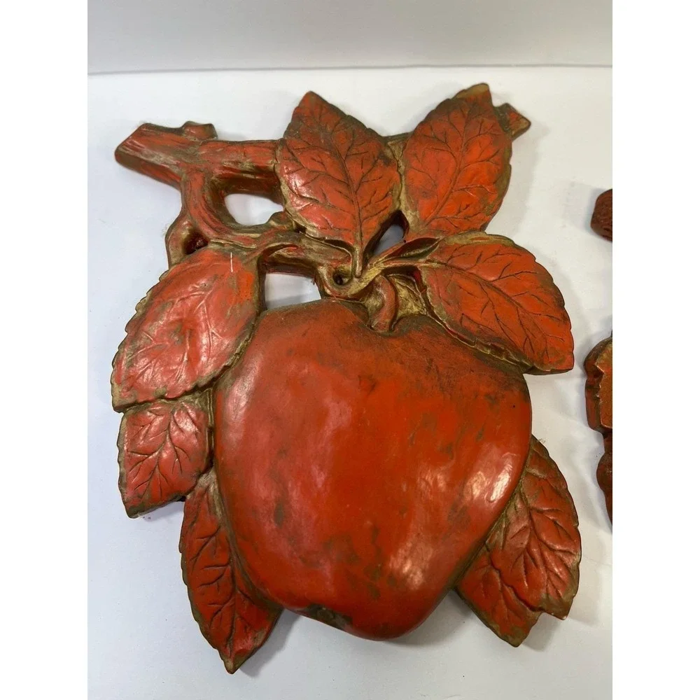 Pair Of Vintage Chalk Ware Wall Hangings Grapes & Apples Red